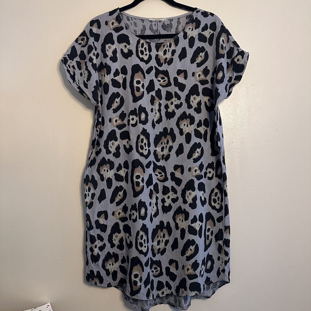 Viola Borghi Italian Leopard Tunic Top Gray 100% Linen Medium Made in Italy Med